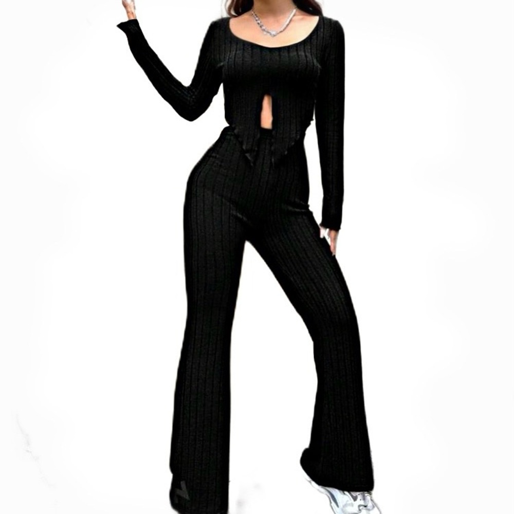 Black Ribbed Long Sleeve & Pants Outfit Set w/ Split Hem Design by SHEIN